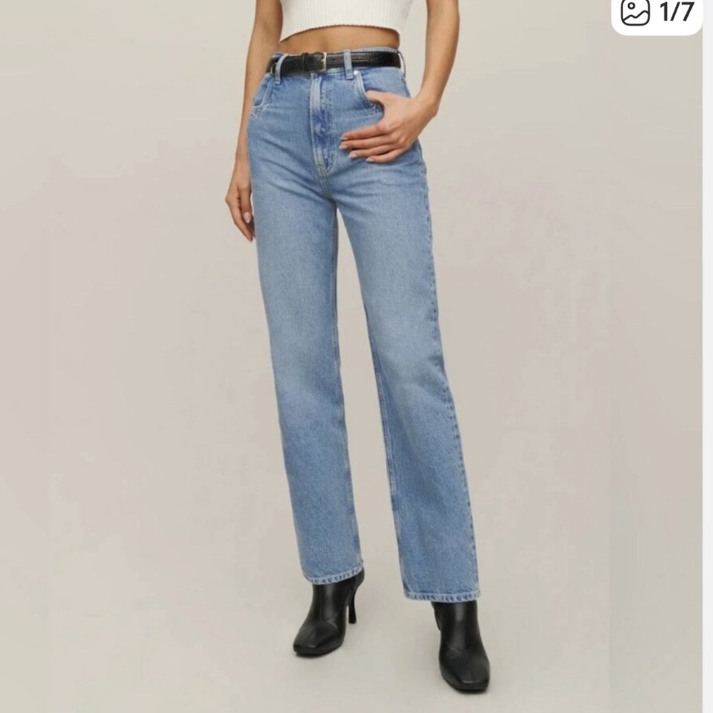 Reformation High-Rise Straight-Leg Jeans in Light Blue